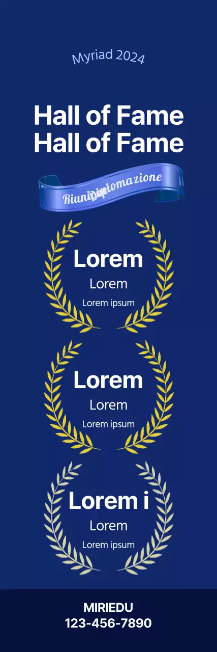 Promuovete un'accademia di classe e di alto livello con nastri blu e punti di alloro dorati su sfondo blu.