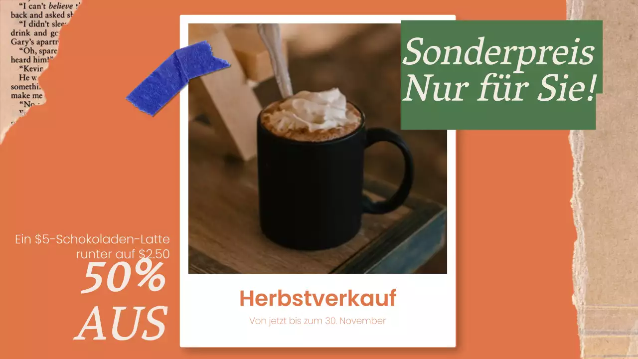 Minimalistische Anzeige für die Speisekarte in den Geschäften in Grün und Orange