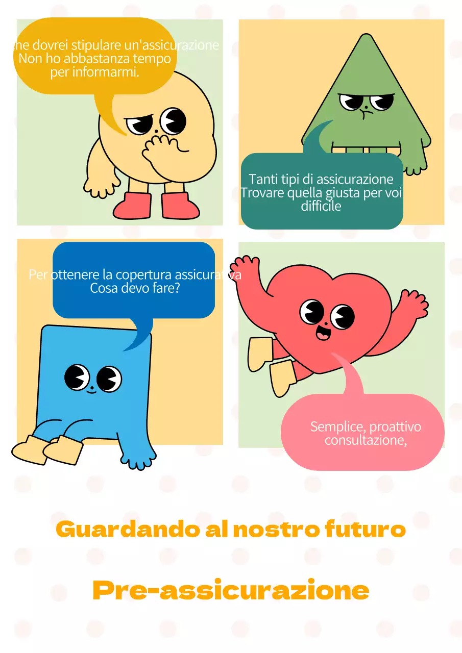Promozione assicurativa con simpatici personaggi su uno sfondo a pois