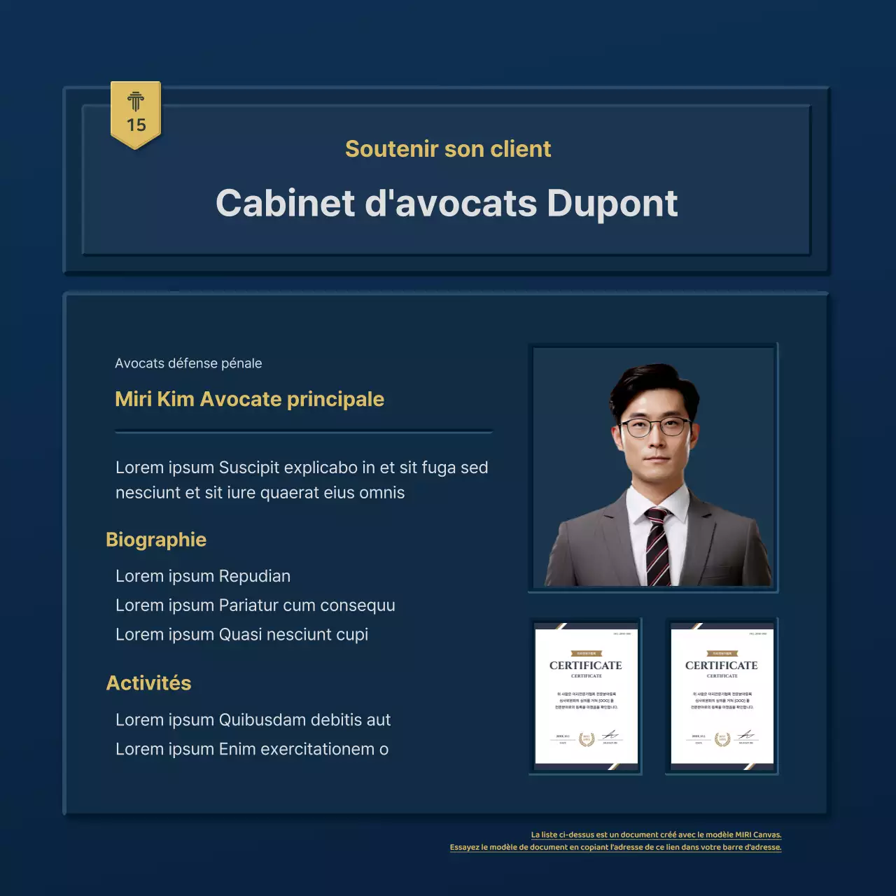Un simple profil d'entreprise de cabinet d'avocats bleu et jaune
