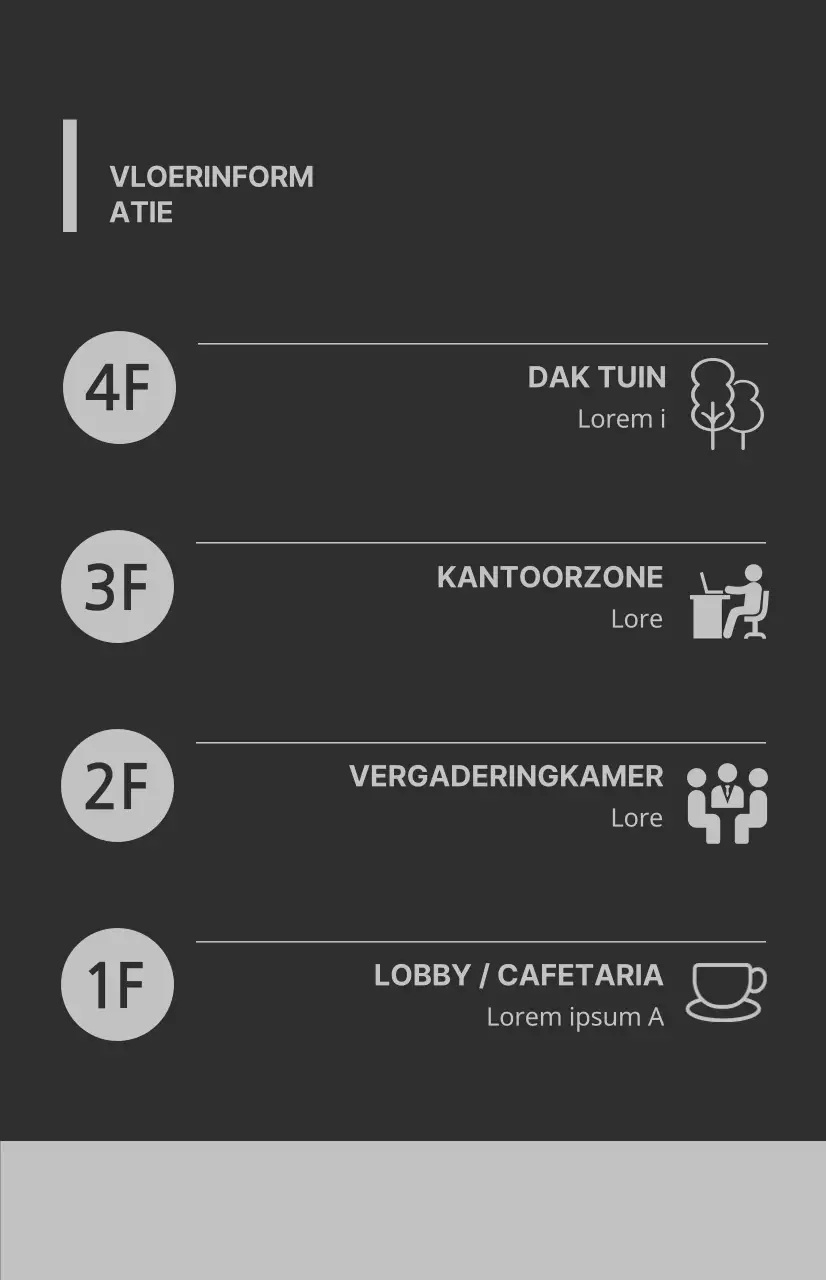 Venstervlaggen met pictogrammen en verdiepingsinstructies in een combinatie van grijze en donkergrijze kleuren.