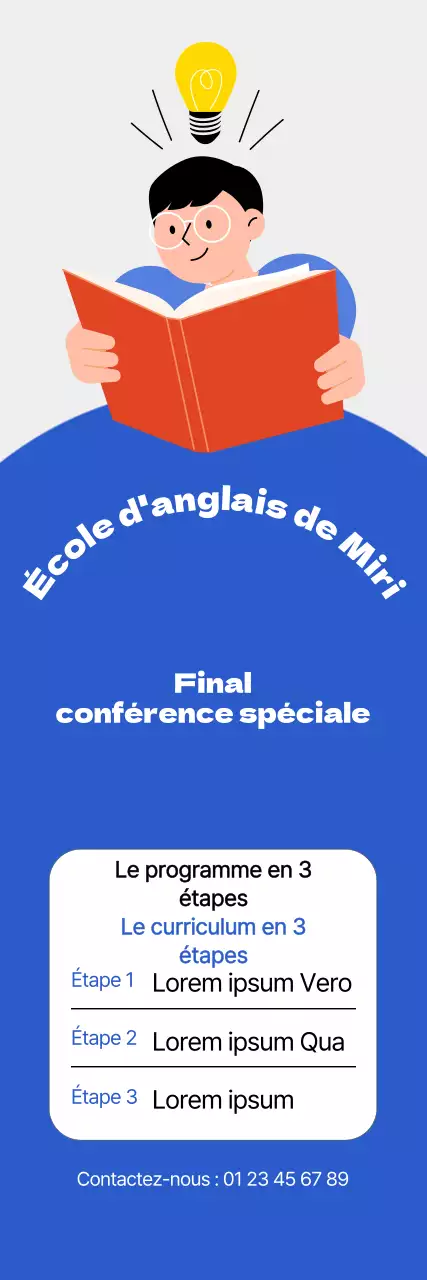 Promotion de l'école avec une illustration bleue d'un élève lisant un livre