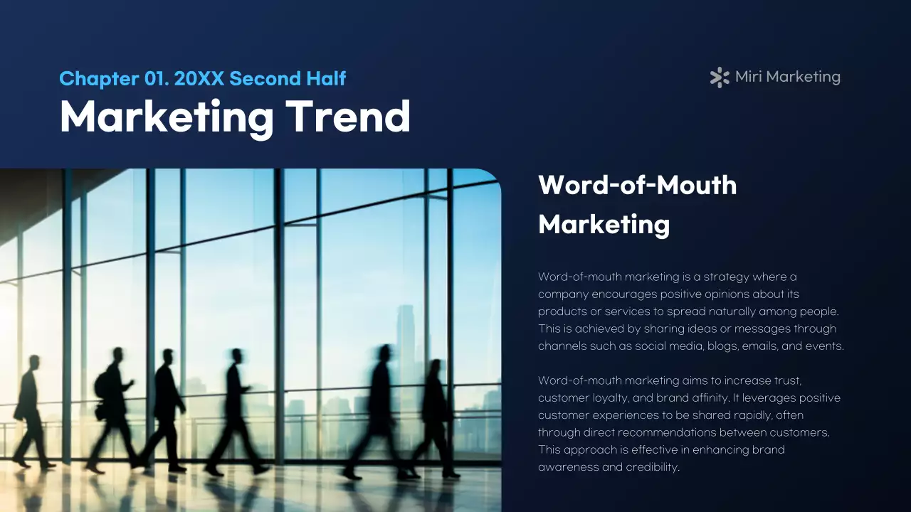 A modern marketing report in navy blue and white