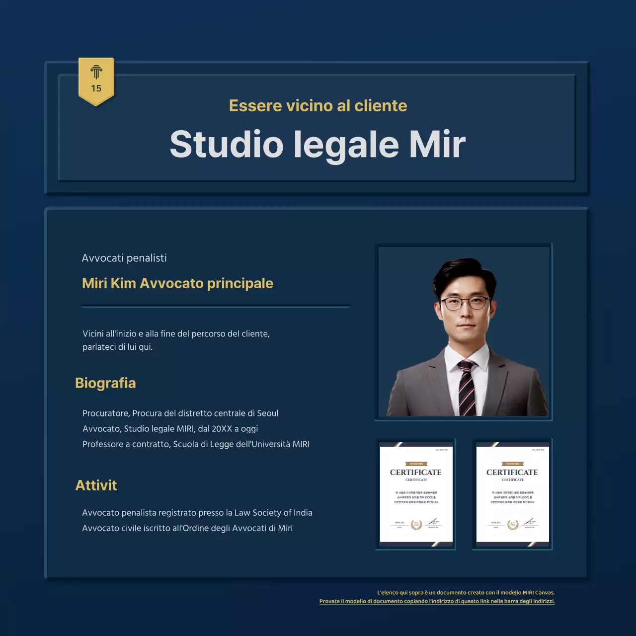 Un semplice profilo aziendale di uno studio legale in blu e giallo
