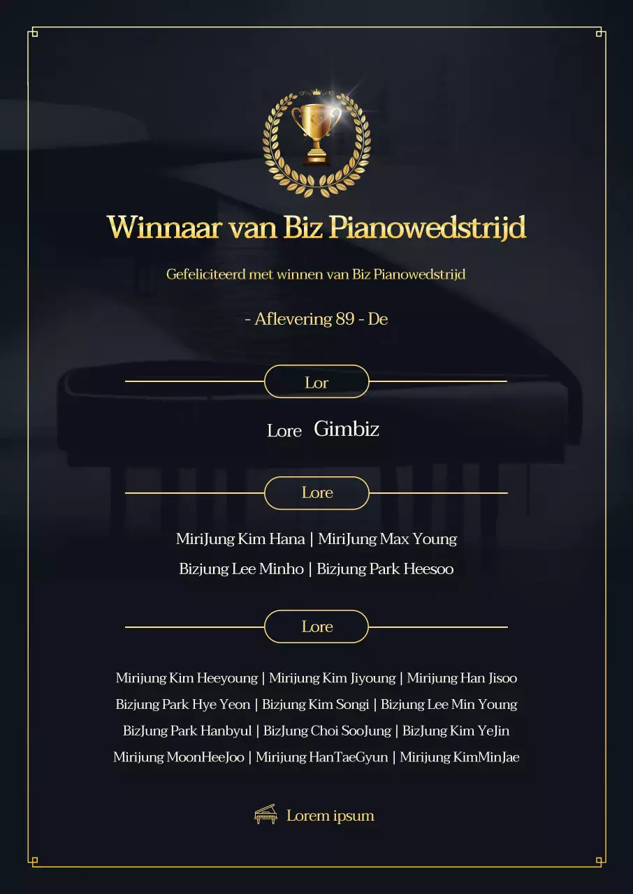 Promoot prijswinnaars met een piano en gouden trofee op een zwarte achtergrond