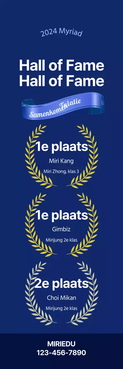 Promoot een stijlvolle, hoogpresterende academie met blauwe linten en gouden laurierpunten op een blauwe achtergrond