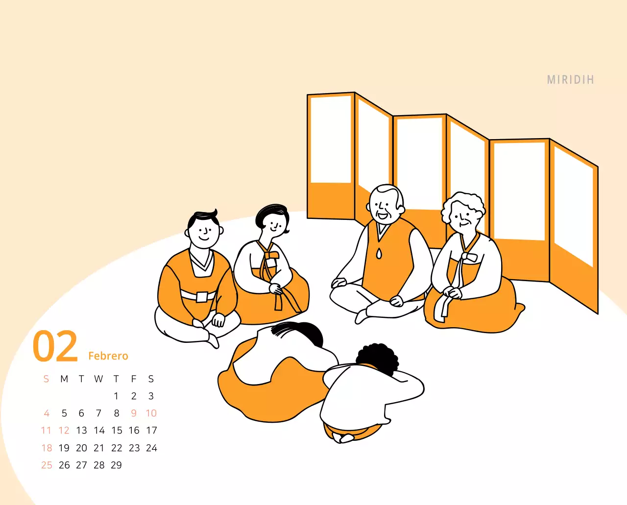 Bonito calendario de sobremesa ilustrado de temática familiar en color verde