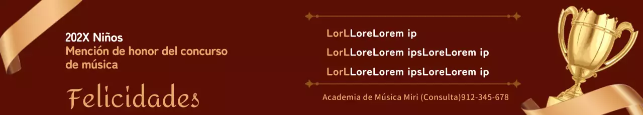 Elegante lista de premios de promoción escolar con trofeos y cintas doradas sobre fondo rojo