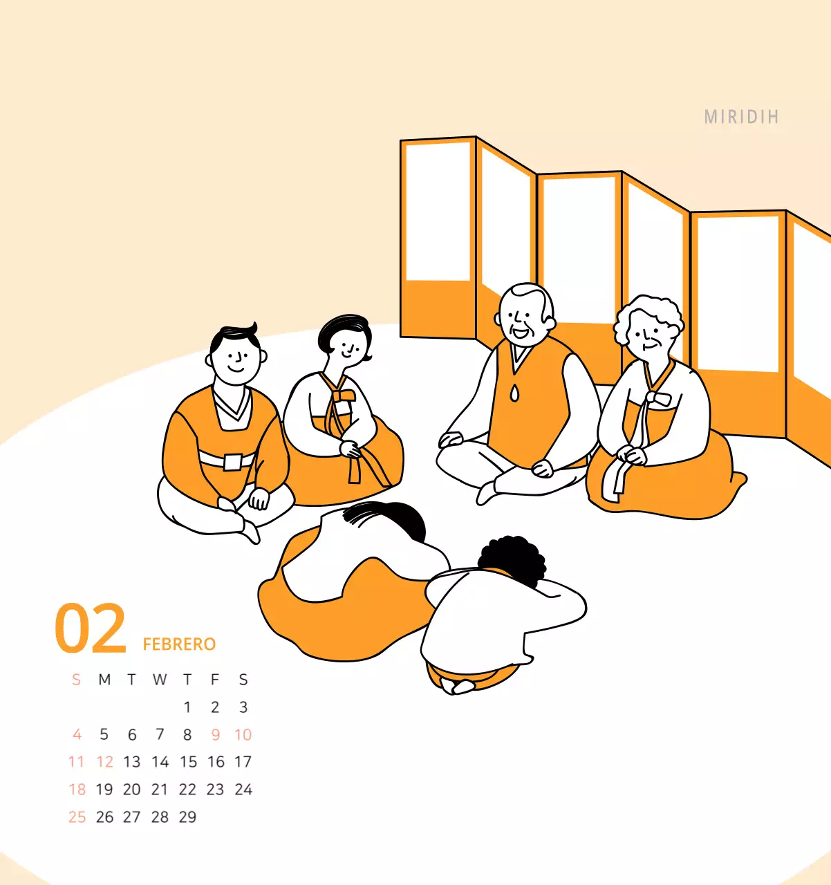 Bonito calendario de sobremesa ilustrado de temática familiar en color verde