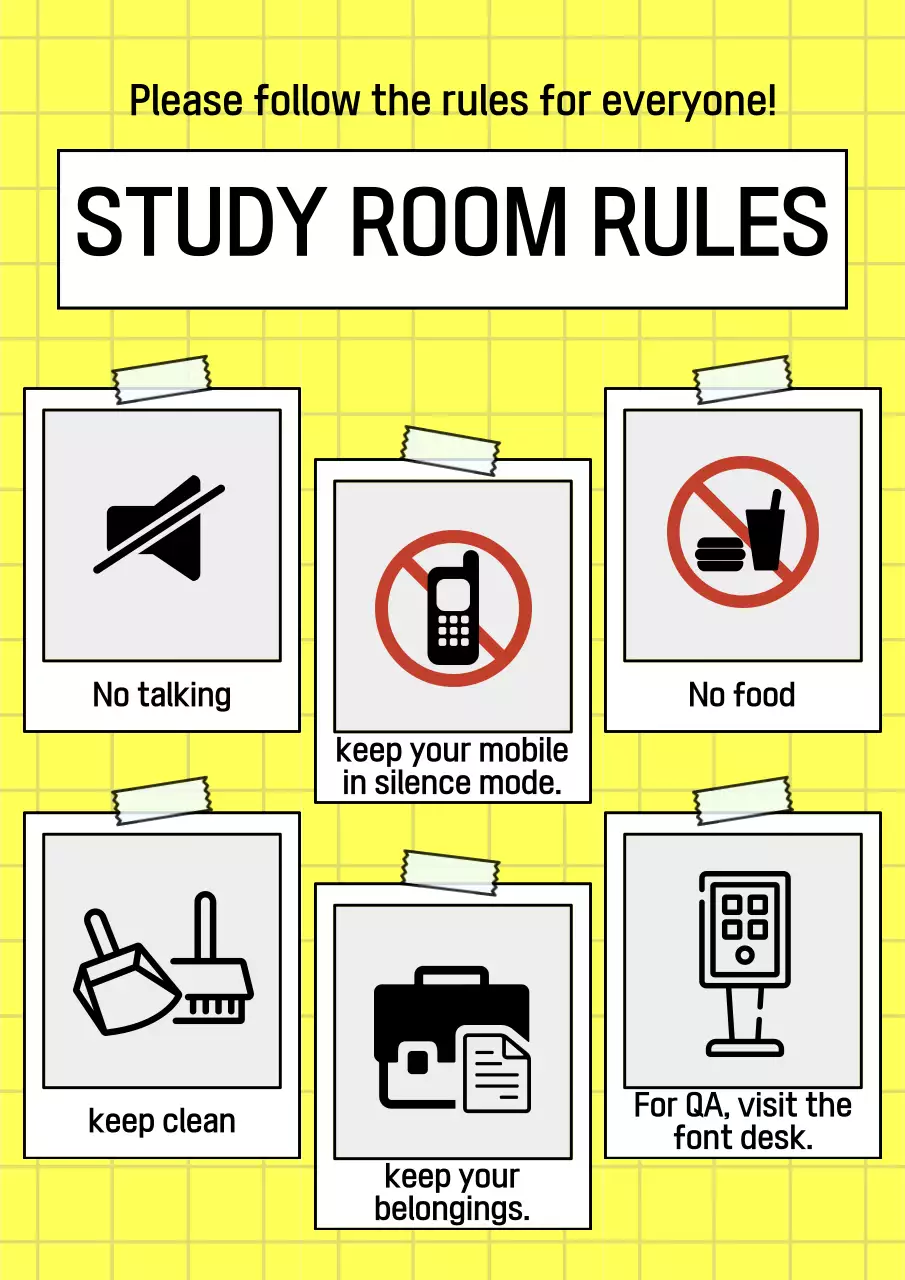 Yellow and white minimalist study room rules announcement