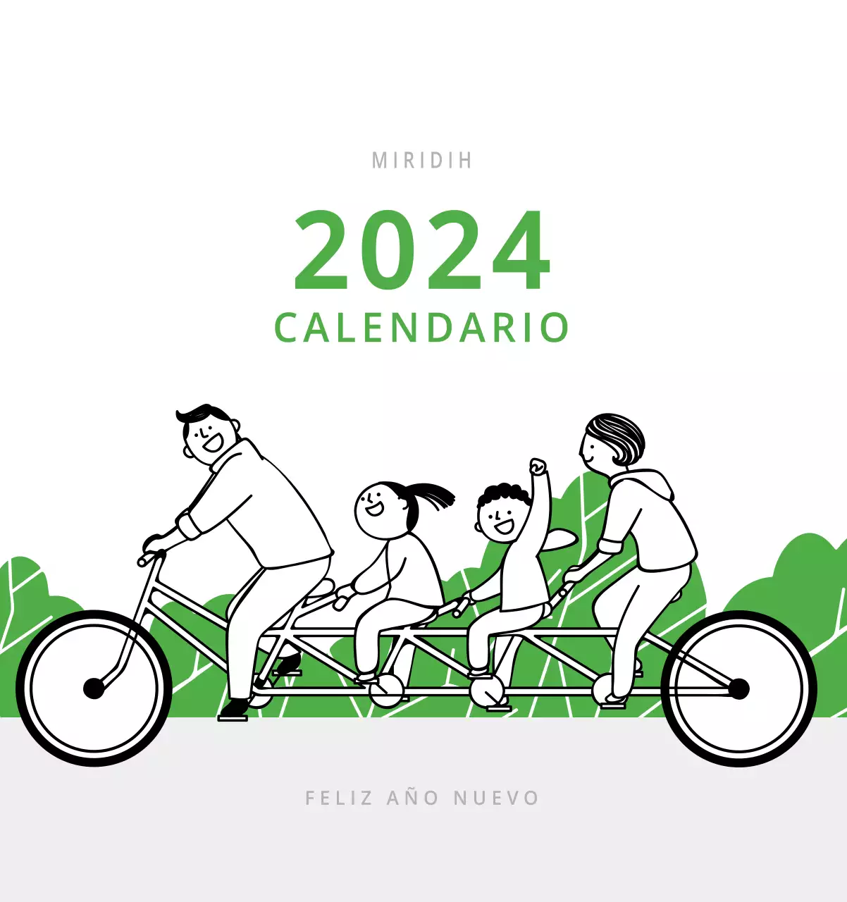 Bonito calendario de sobremesa ilustrado de temática familiar en color verde