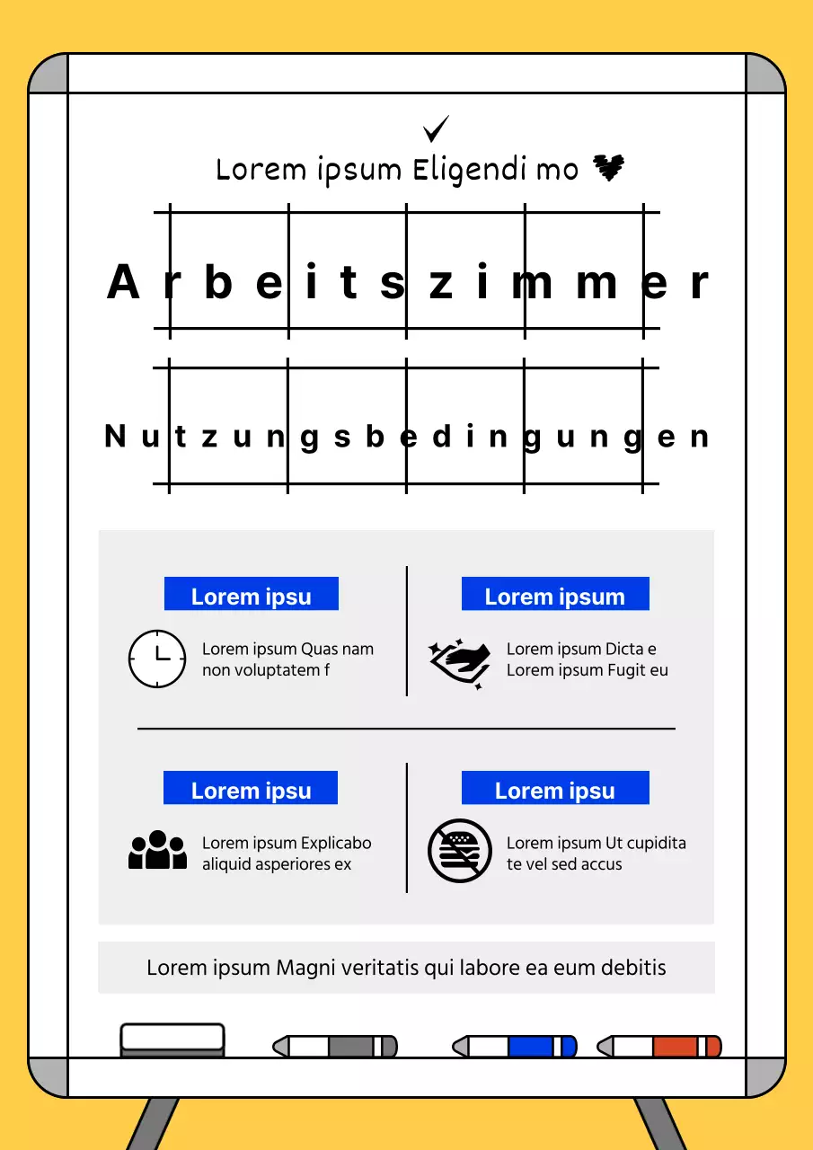 Ein einfaches gelb-blaues Arbeitszimmer mit ein paar Hinweisen