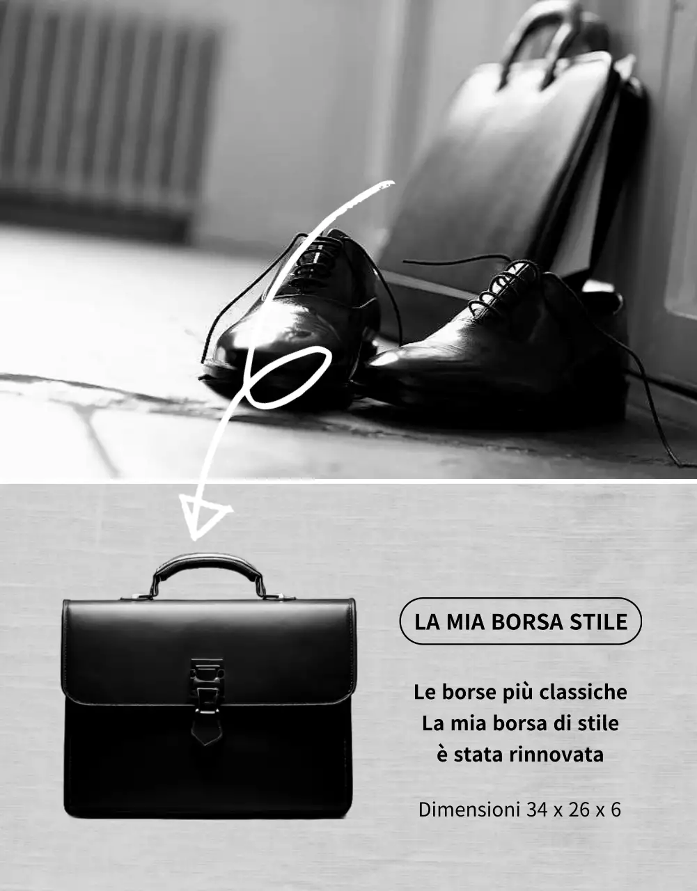 Pubblicità di borse minimaliste in bianco e nero