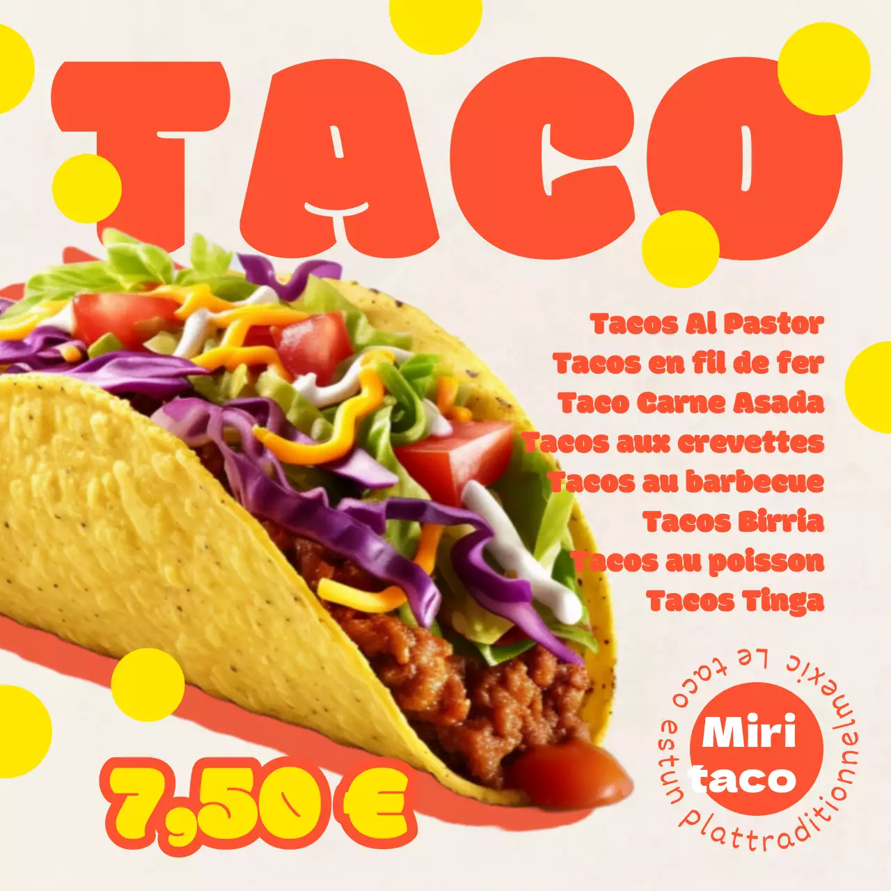 Mignonne publicité rétro pour des tacos avec des formes rouges et une image de tacos