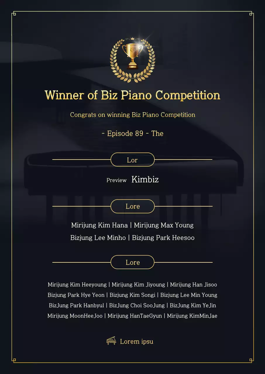Promote contest winners with a piano and gold trophy on a black background
