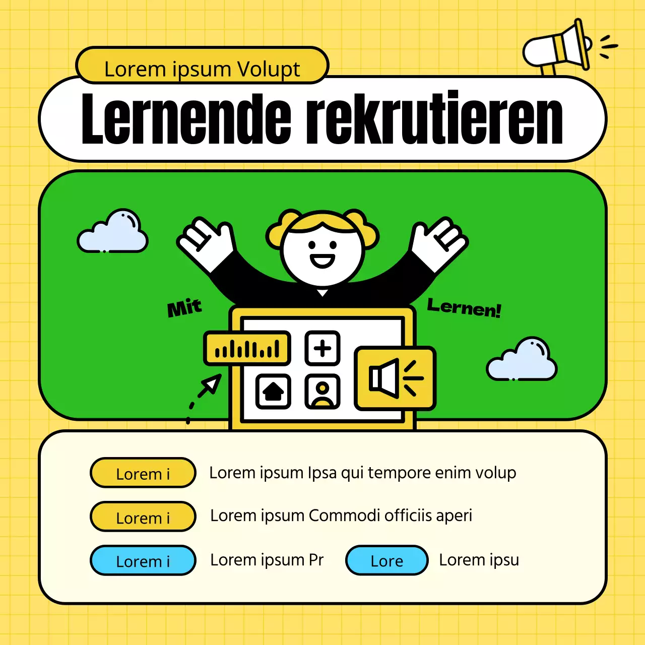 Kitschiges gelb-grünes Ausbildungszentrum zur Förderung der Studentenrekrutierung