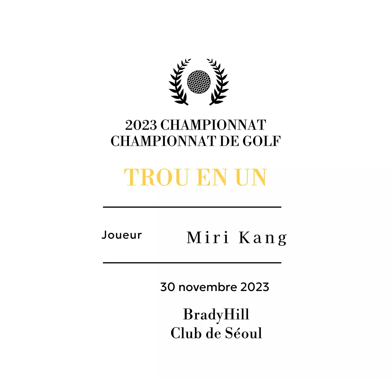 Plaque du gagnant d'un trou d'un coup au golf avec balle de golf et couronne de laurier (illustration)