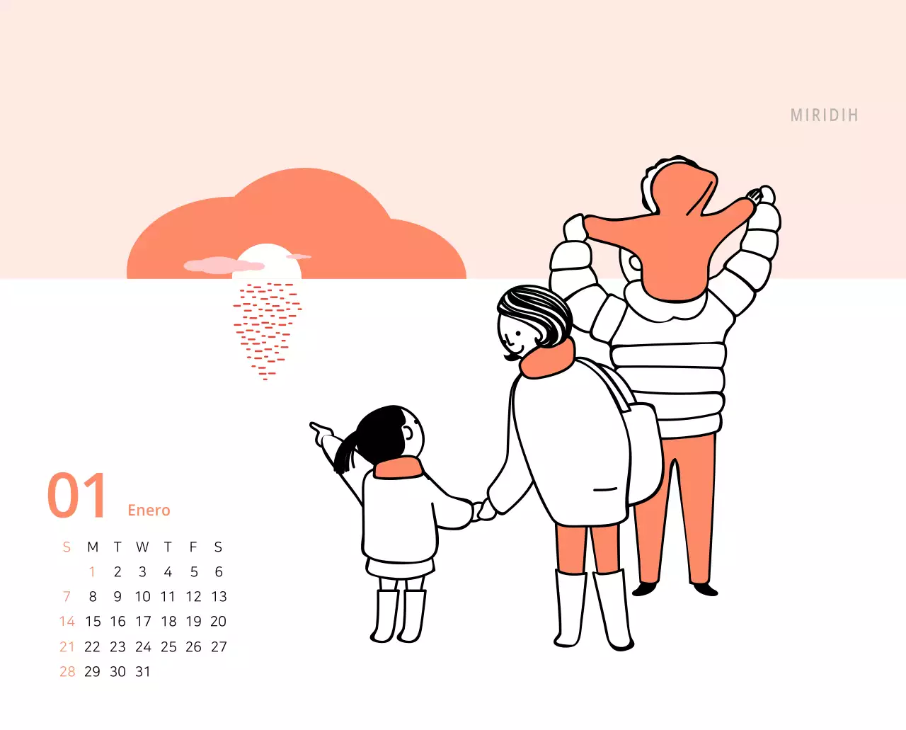 Bonito calendario de sobremesa ilustrado de temática familiar en color verde