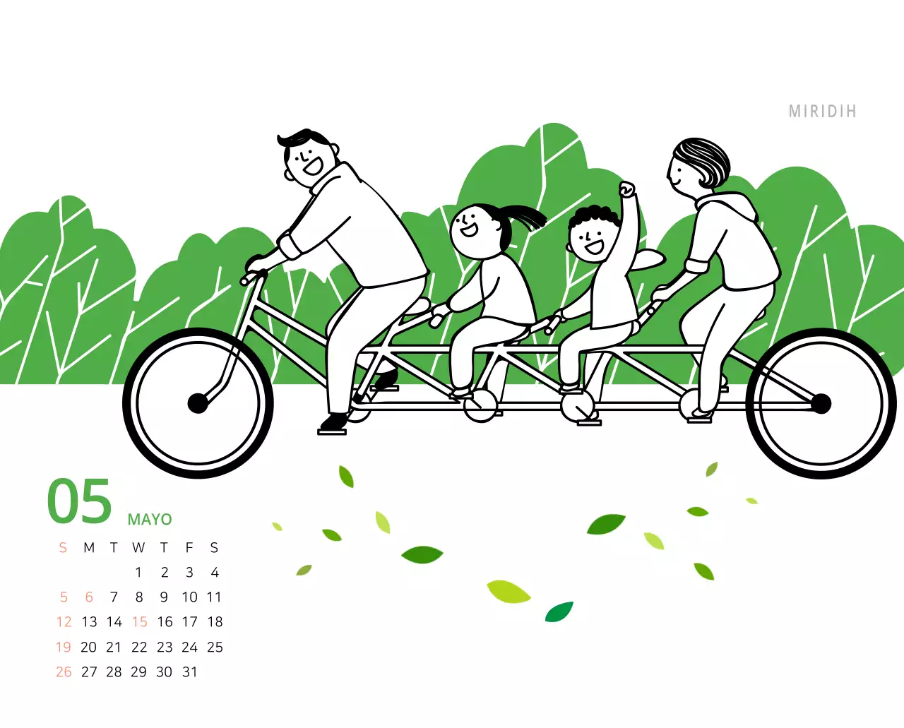 Bonito calendario de sobremesa ilustrado de temática familiar en color verde