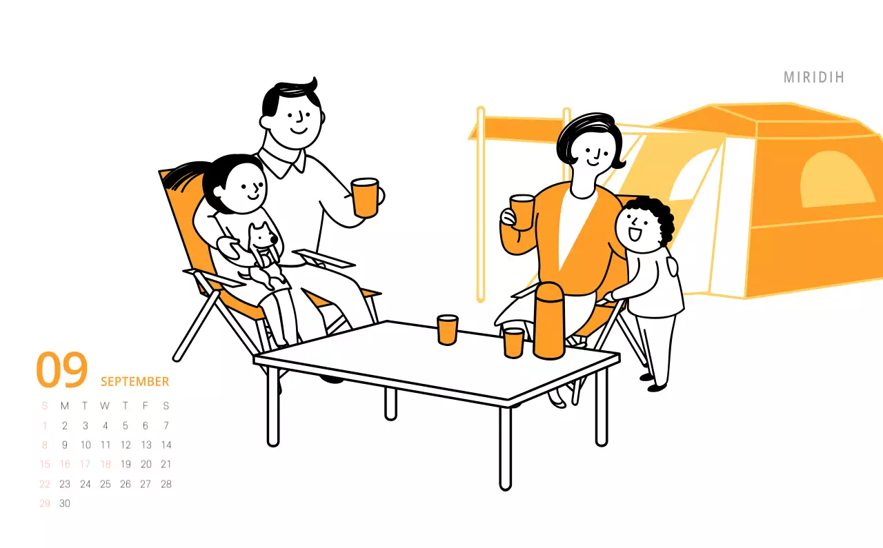 Niedlich illustrierter grüner Tischkalender mit Familienthemen