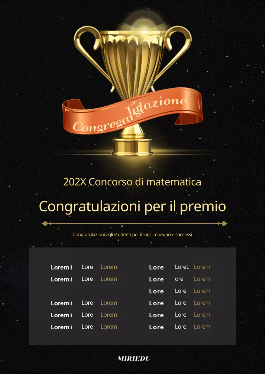 Elenco dei premi di promozione scolastica di classe con immagine di trofeo dorato con punti dorati e arancioni