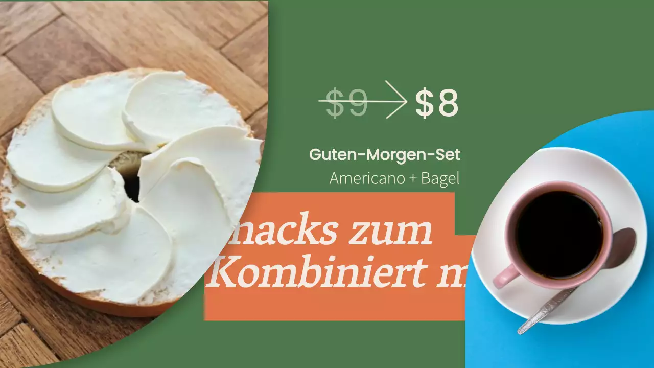 Minimalistische Anzeige für die Speisekarte in den Geschäften in Grün und Orange