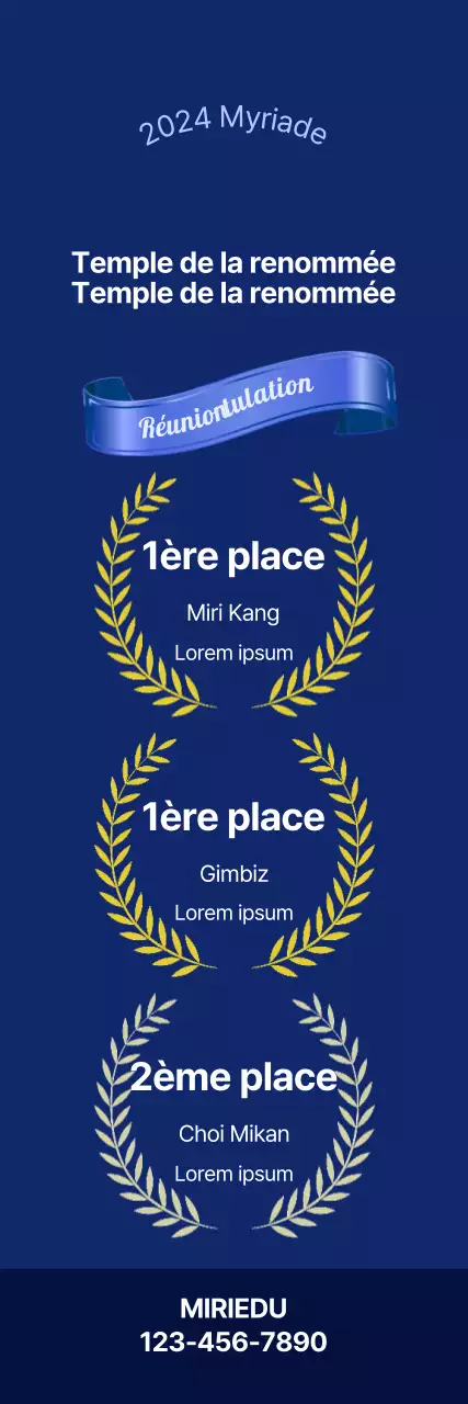 Promouvoir une académie de classe et de haut niveau avec des rubans bleus et des points de laurier dorés sur fond bleu.