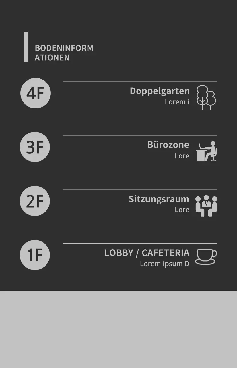 Fensterfahnen mit Symbolen und Bodenhinweisen in einer Kombination aus grauen und dunkelgrauen Farben
