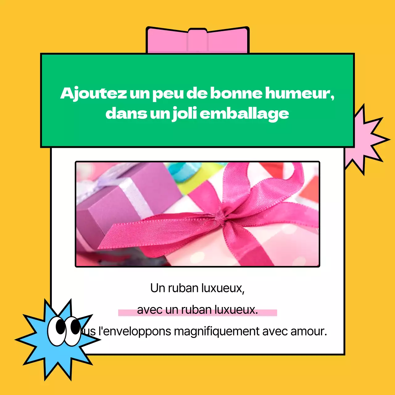 Suggestions de cadeaux pour le SAT dans un style pop art, en jaune et vert