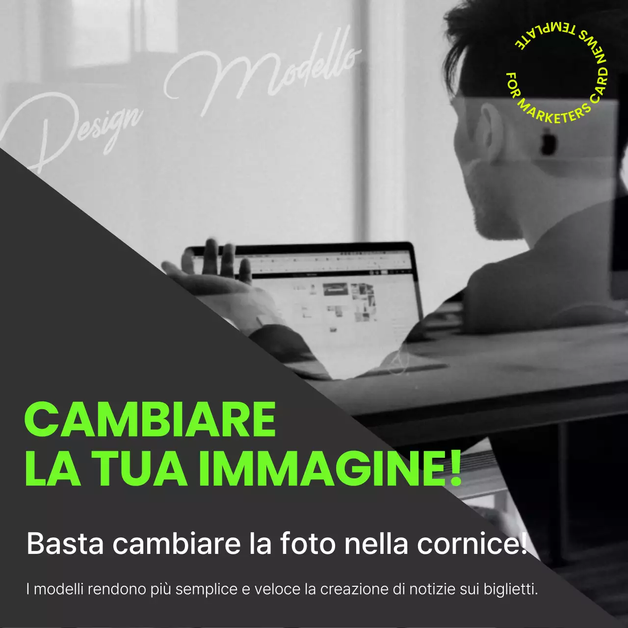 Proposta di modello cardnews moderno e di tendenza in blu navy e colori fluorescenti