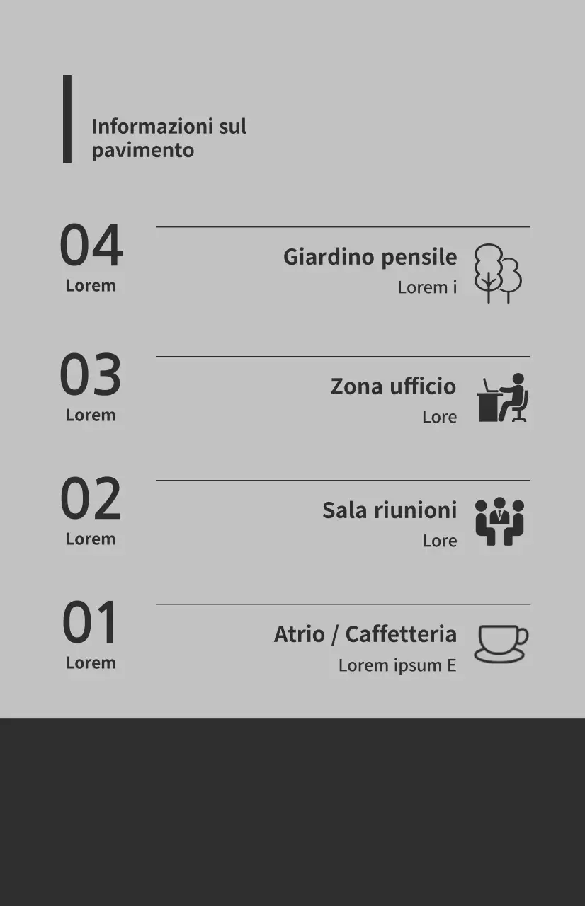 Bandiere a finestra con icone e istruzioni per il piano in una combinazione di colori grigio e grigio scuro.