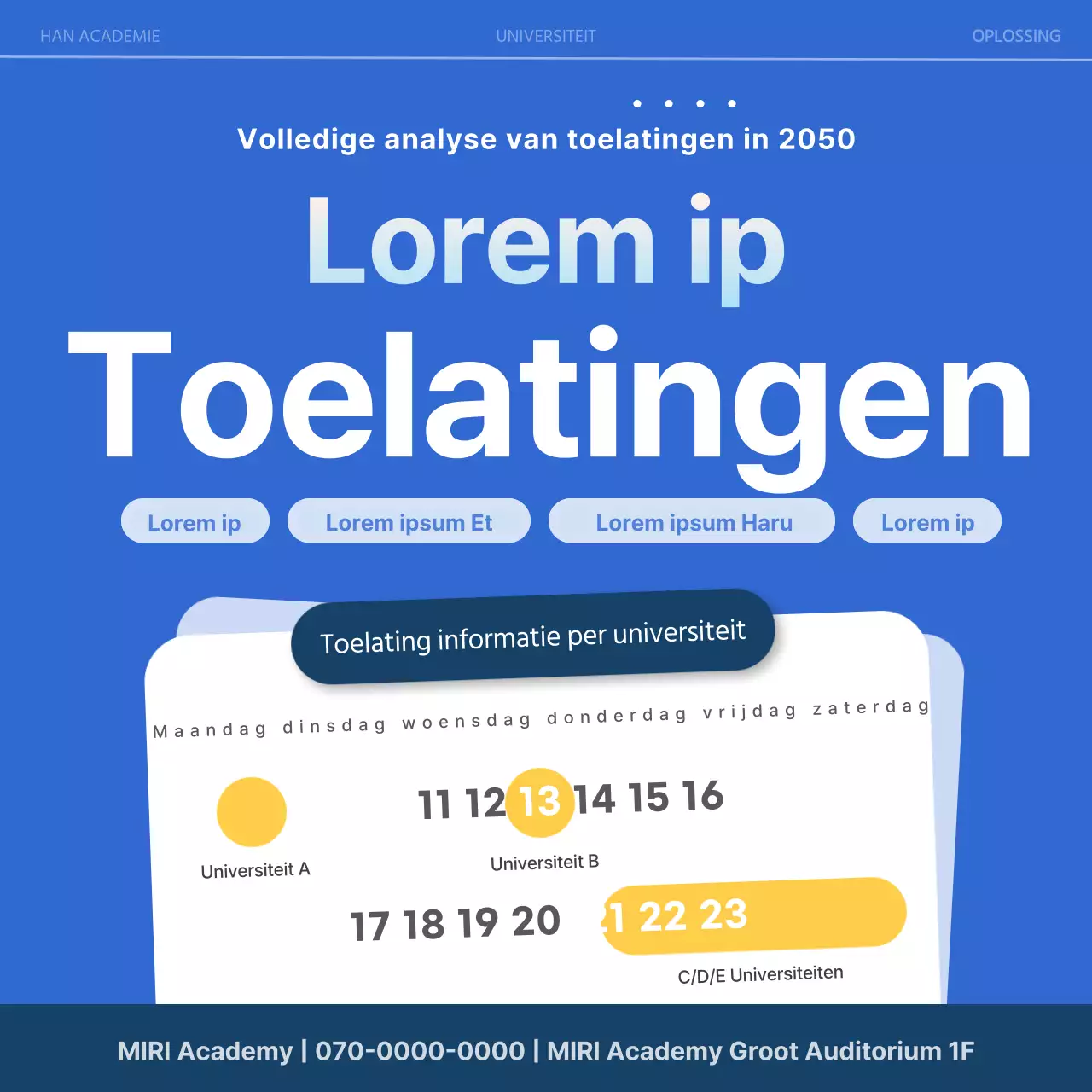 Een eenvoudige, marineblauwe advertentie voor een toelatingsbeurs