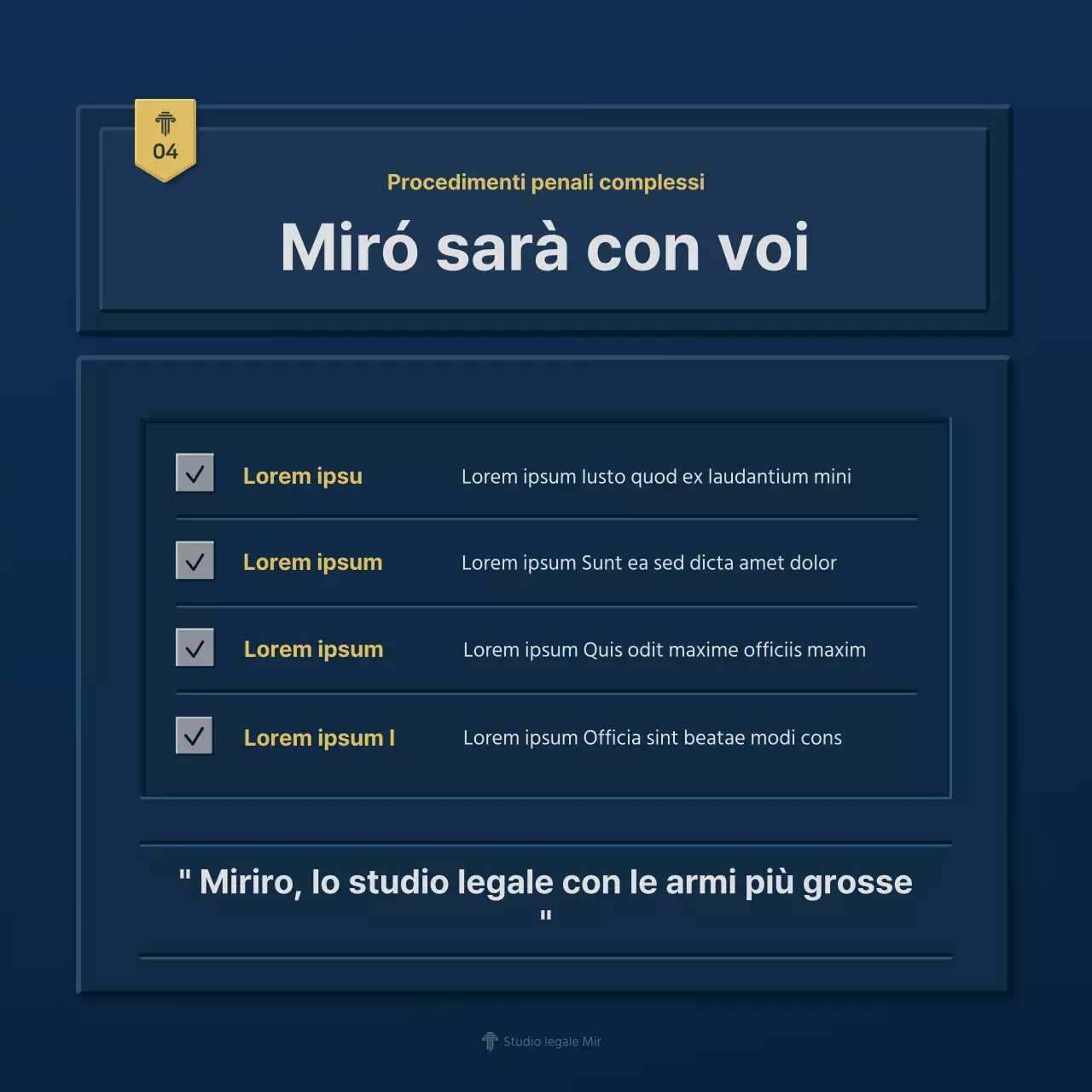 Un semplice profilo aziendale di uno studio legale in blu e giallo