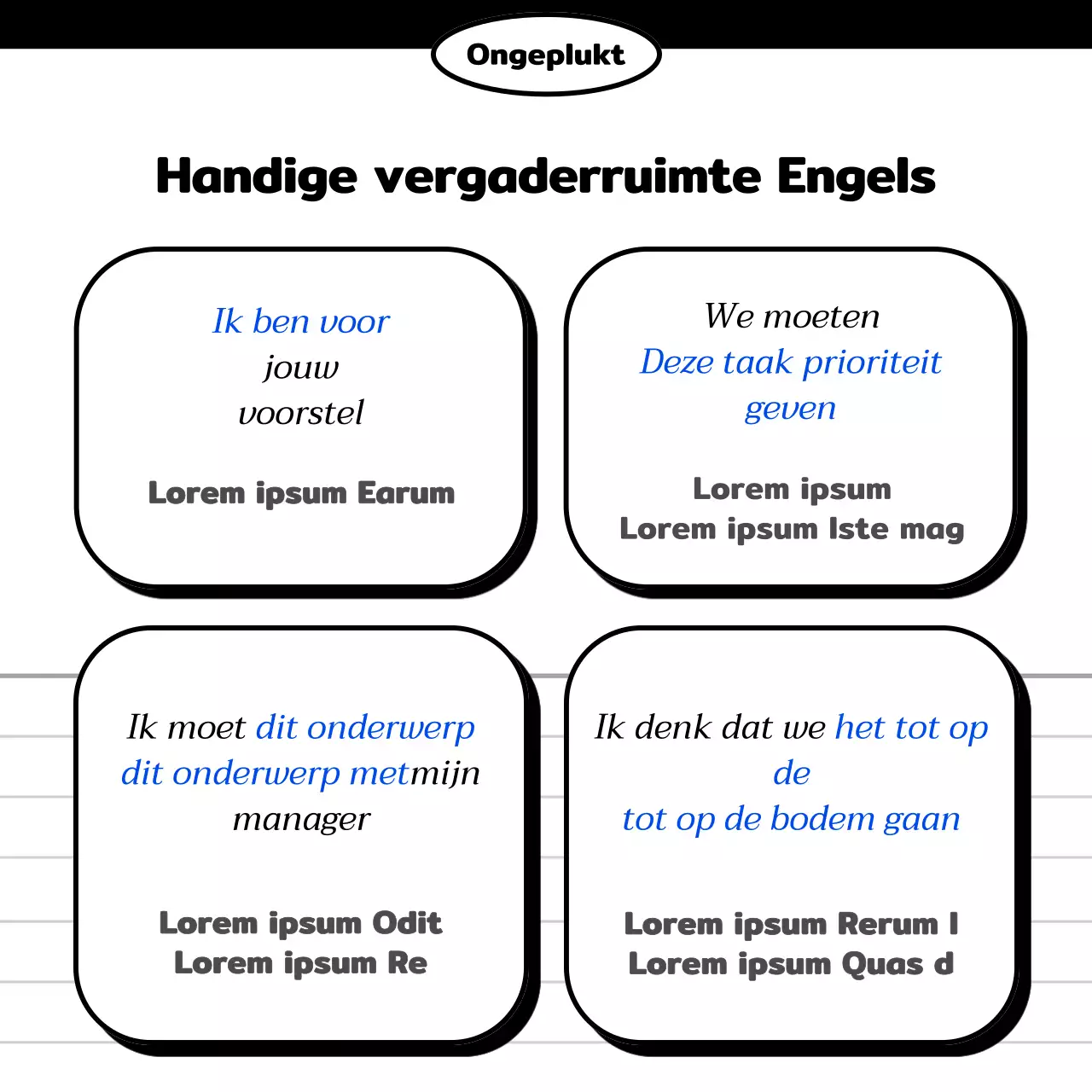 Kitscherige zakelijke Engelse berichten in blauw en zwart-wit