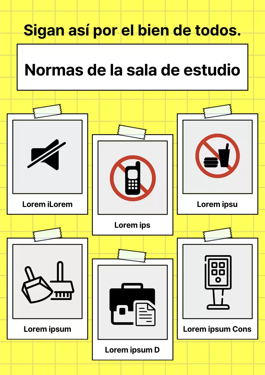 Anuncio de normas de la sala de estudio minimalista en blanco y amarillo