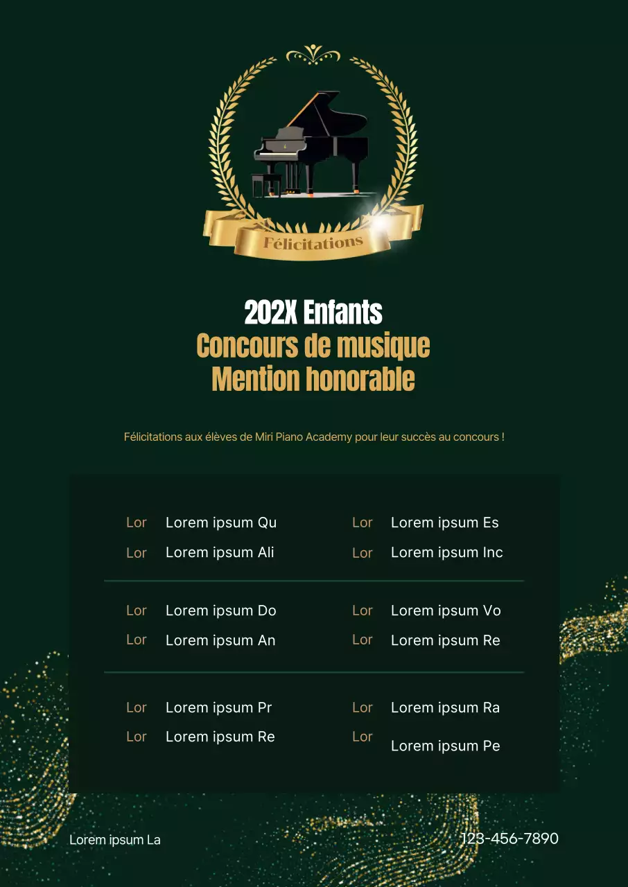 Liste de prix promotionnels de l'académie avec image de laurier et de piano avec accents dorés sur fond vert foncé
