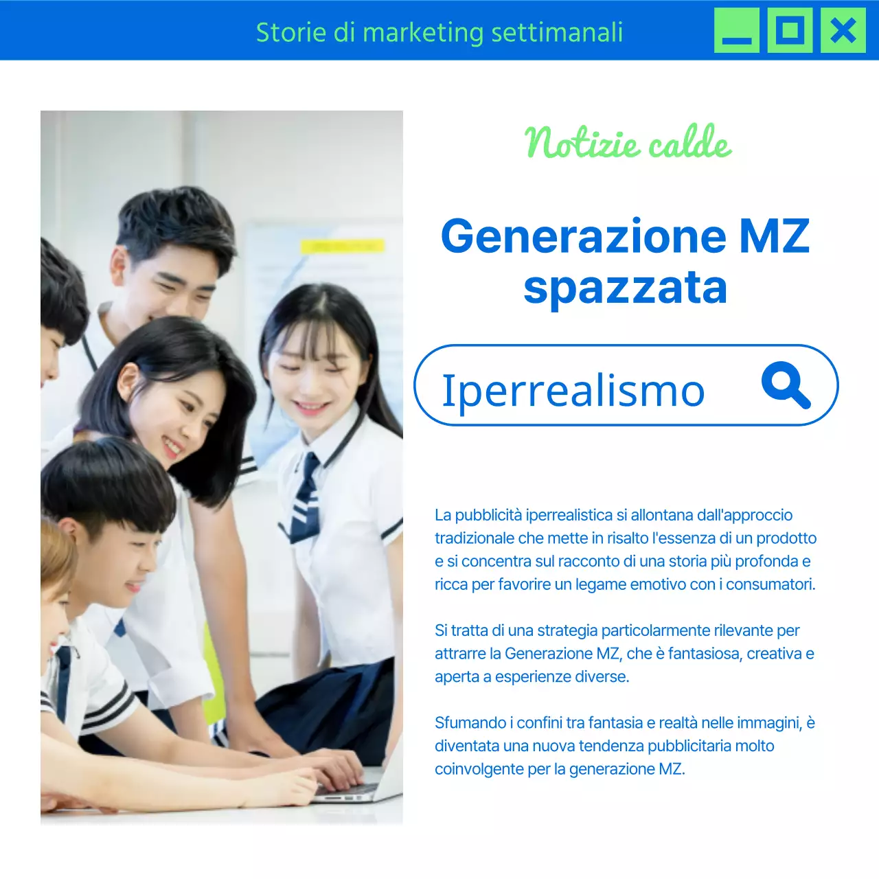 Promuovete le novità di marketing di tendenza in chartreuse e blu