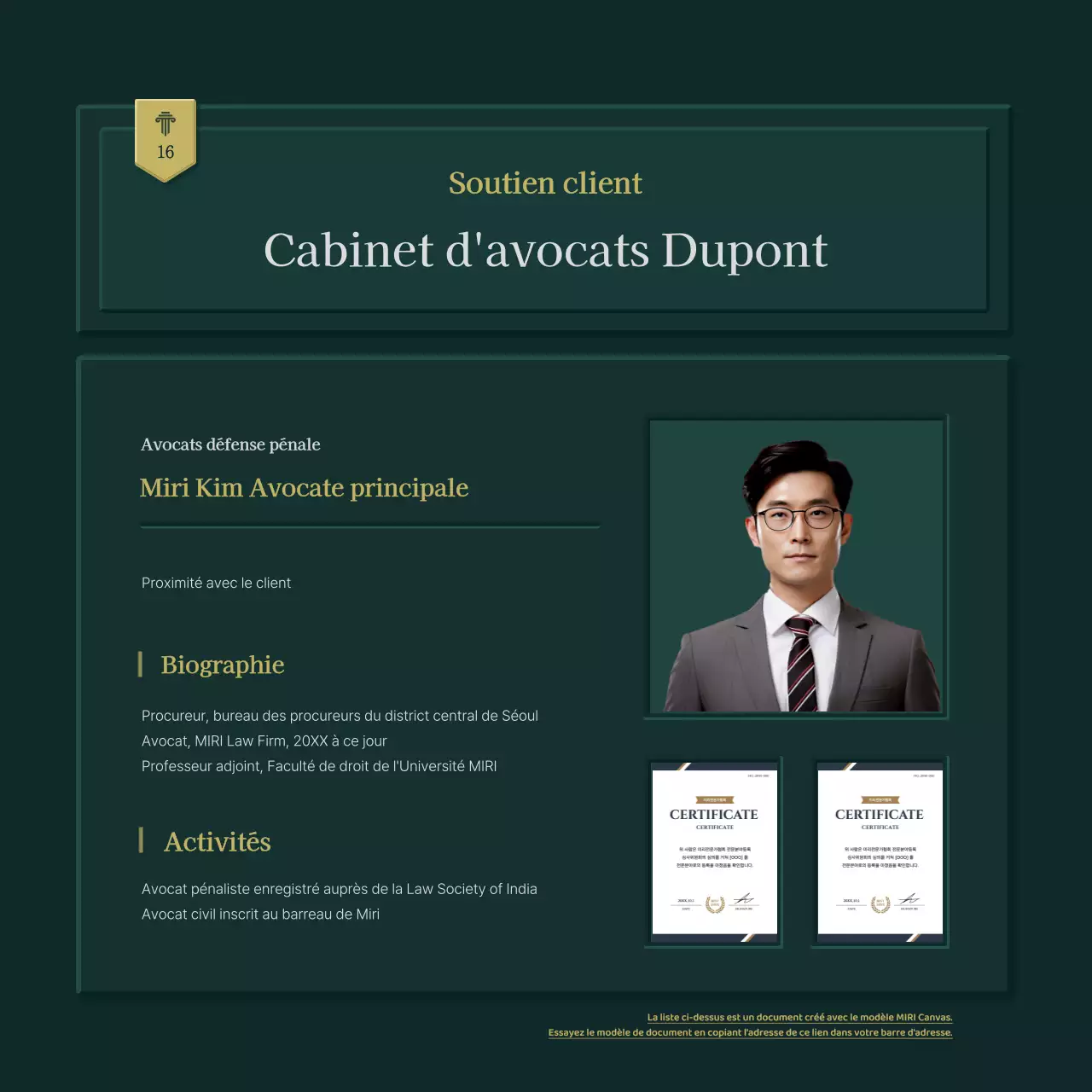 Profil simple d'un cabinet juridique en vert et jaune