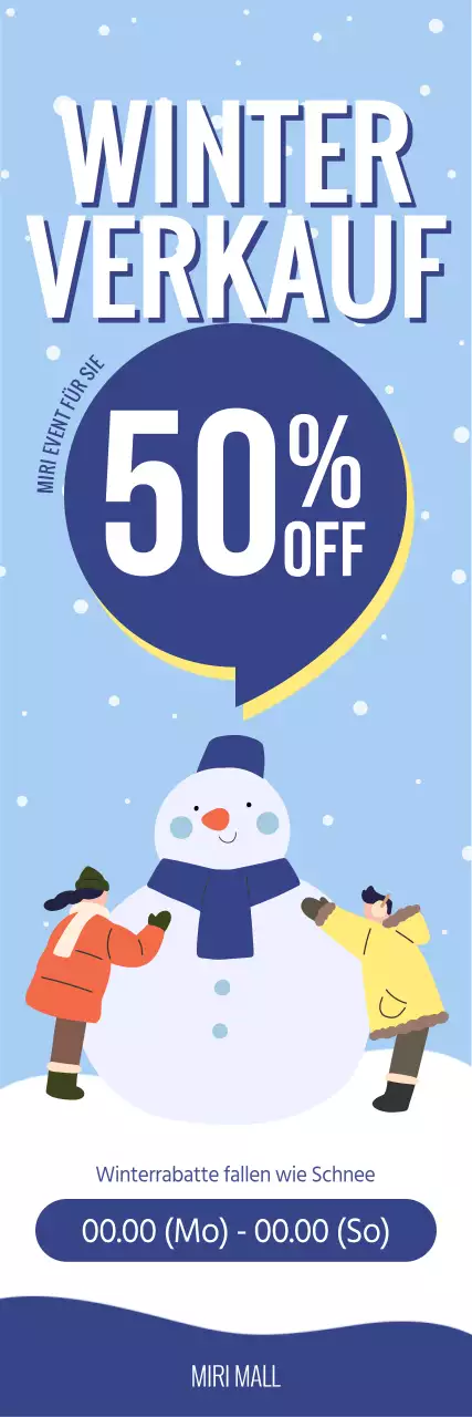 Ein Winter-Shopping-Sale mit einer niedlichen Schneemann-Illustration und einem Text-Layout, das den Rabatt hervorhebt.