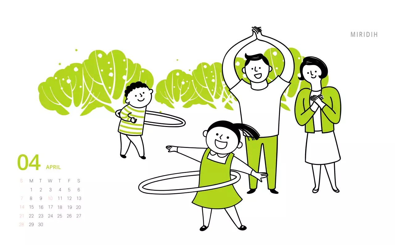 Niedlich illustrierter grüner Tischkalender mit Familienthemen