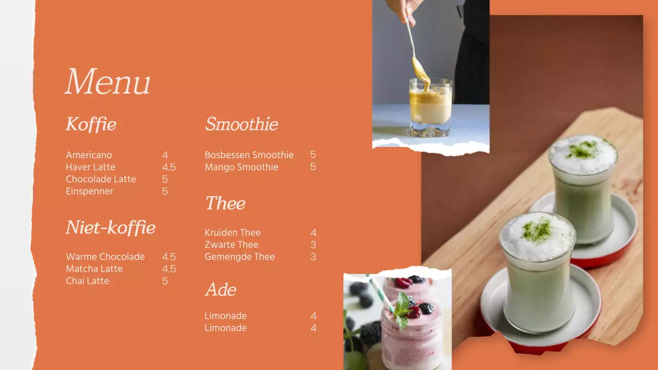 Minimalistische menureclame in de winkel in groen en oranje