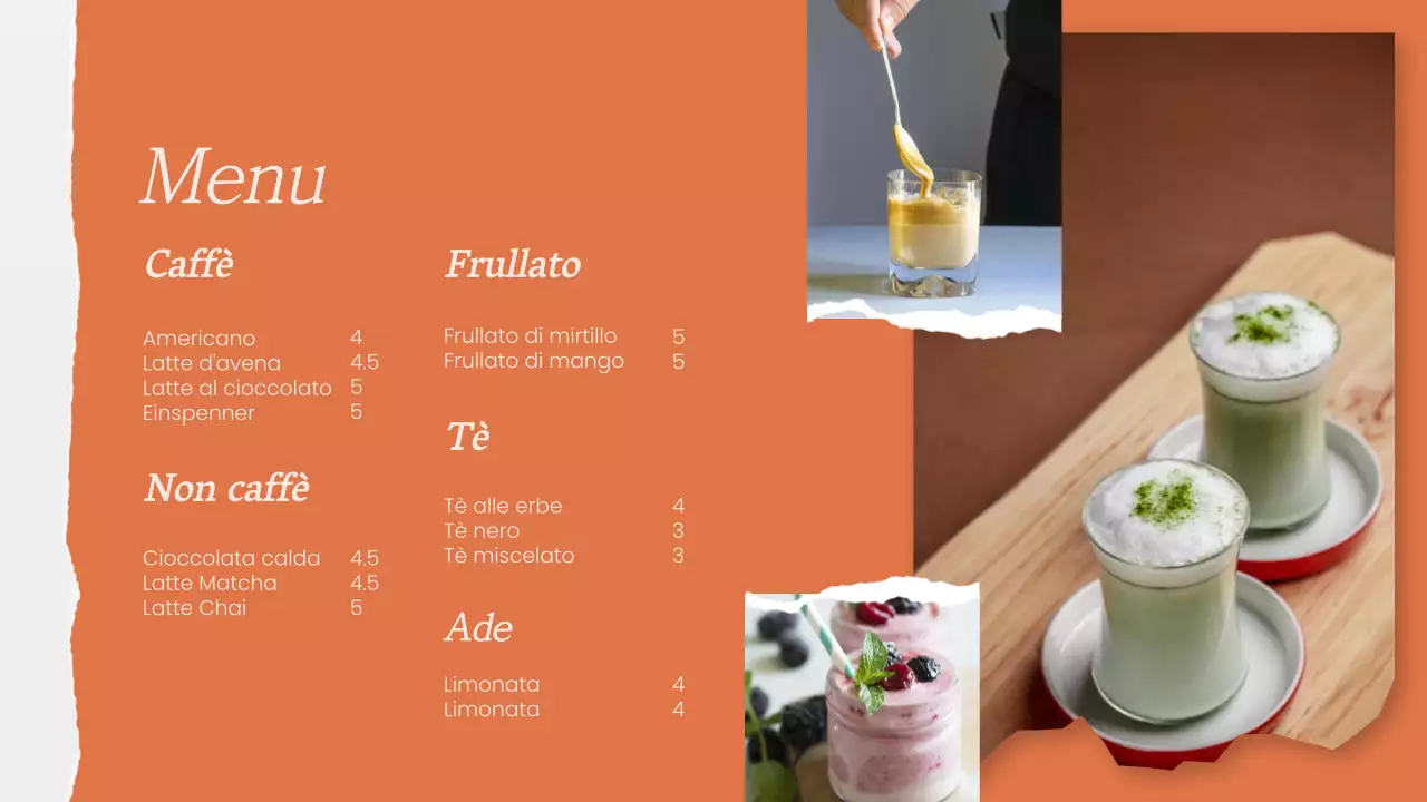 Pubblicità minimalista del menu in negozio in verde e arancione