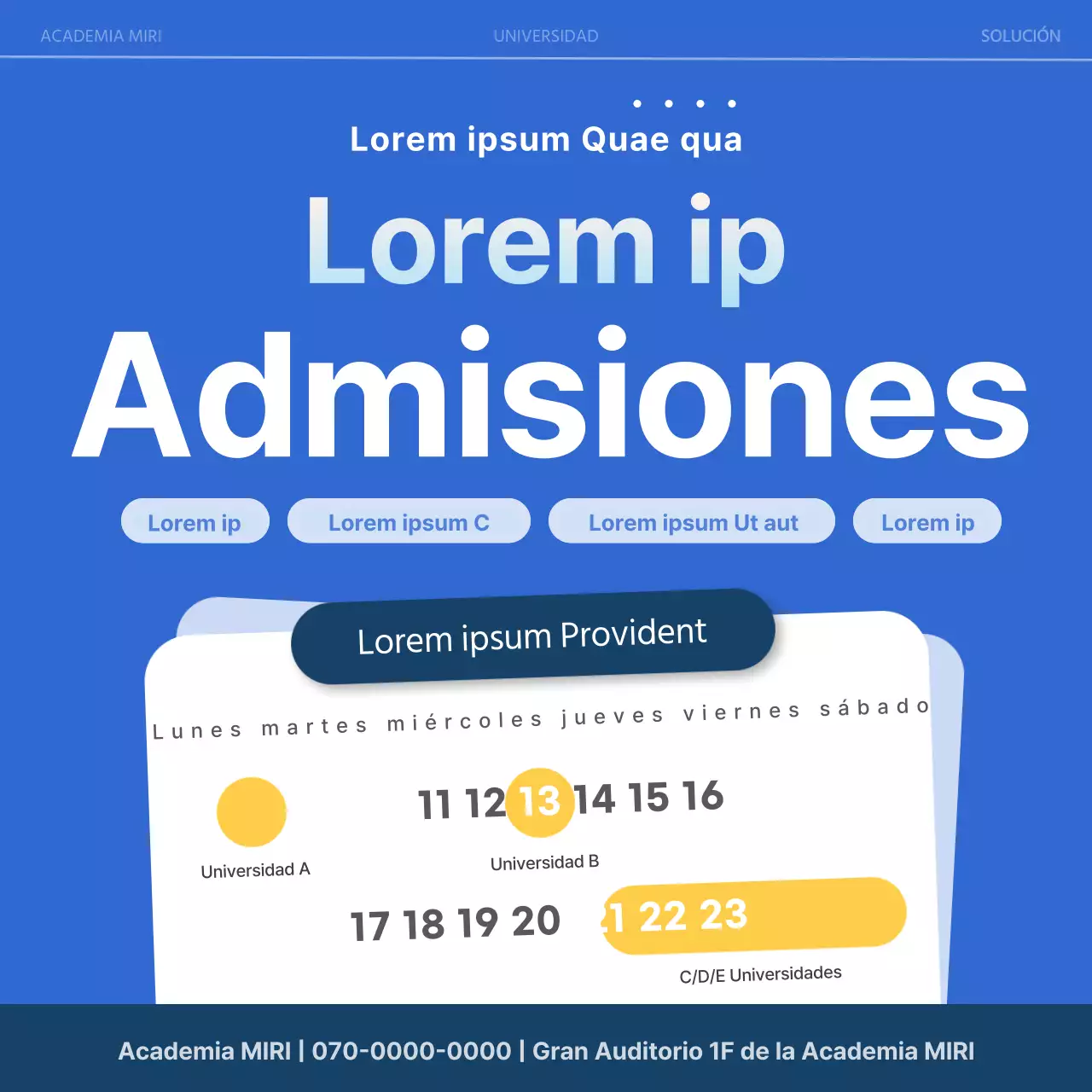 Un sencillo anuncio azul marino para una feria de admisión