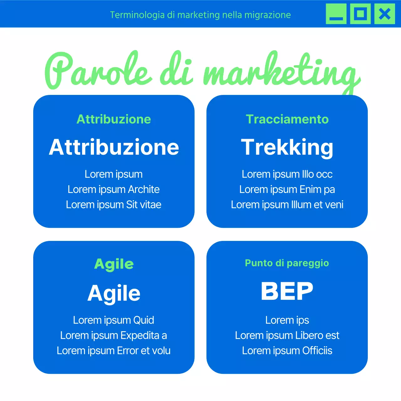 Promuovete le novità di marketing di tendenza in chartreuse e blu