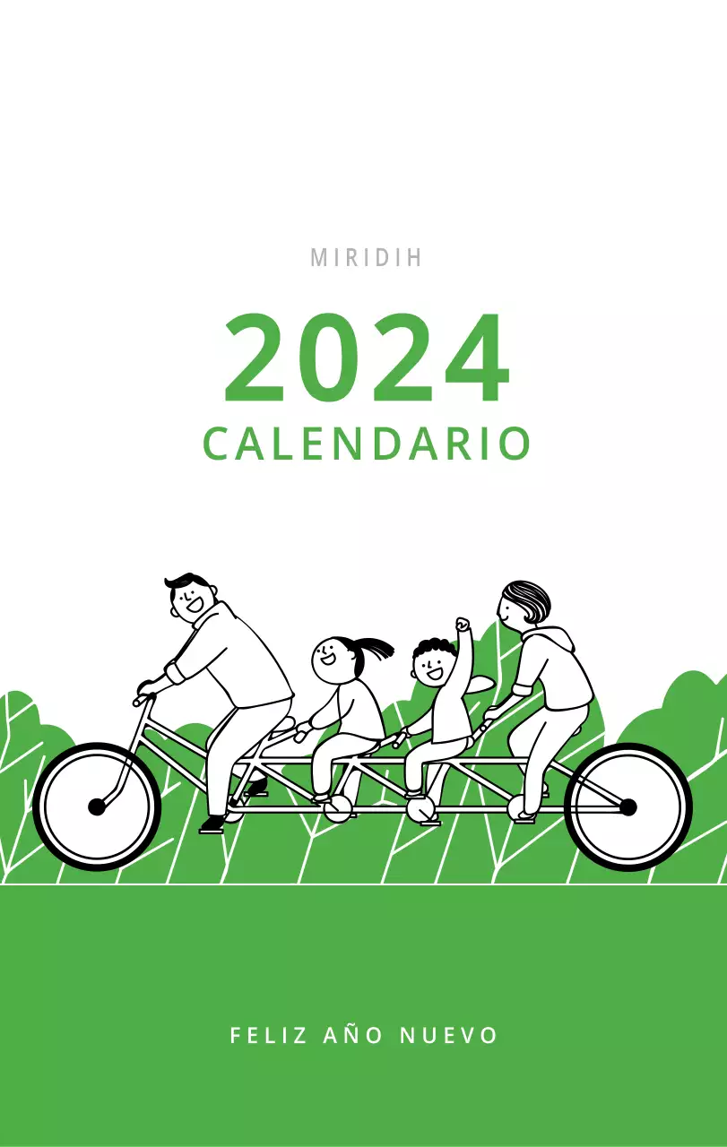 Bonito calendario de sobremesa ilustrado de temática familiar en color verde