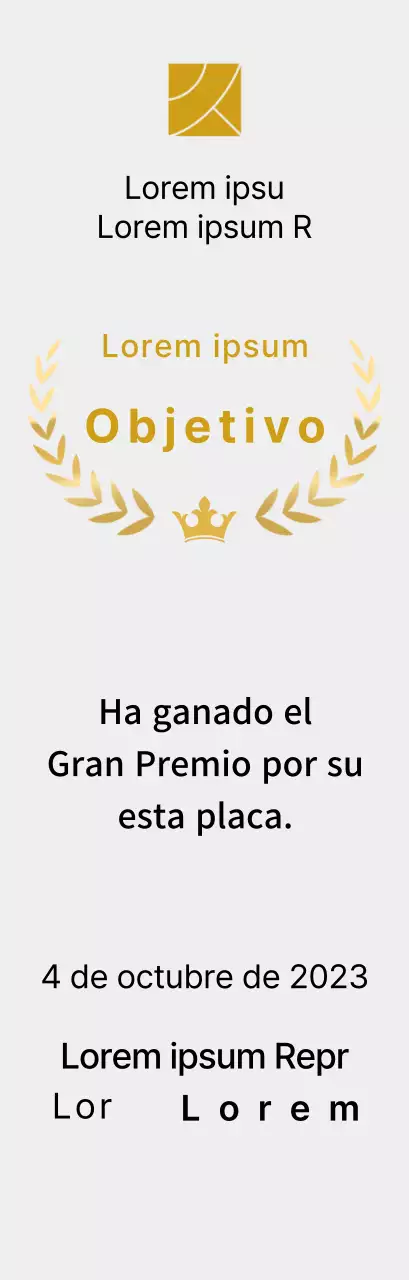 Placa del ganador del concurso conceptual con líneas de laurel e ilustración de una corona