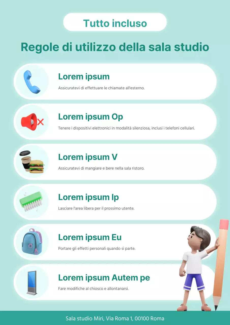 Una semplice sala studio color menta con regole di utilizzo