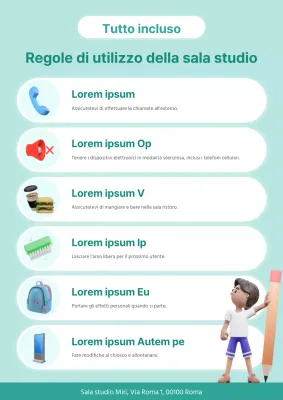 Una semplice sala studio color menta con regole di utilizzo