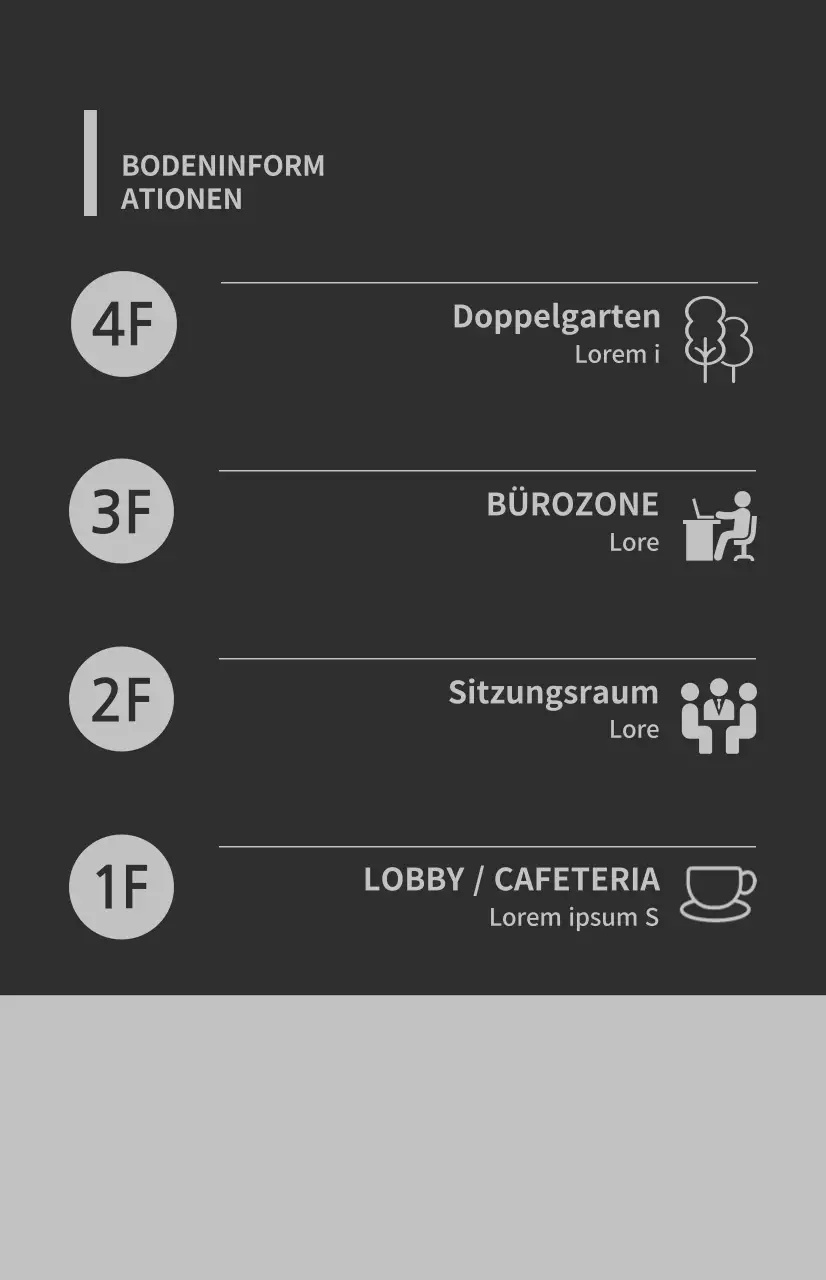 Fensterfahnen mit Symbolen und Bodenhinweisen in einer Kombination aus grauen und dunkelgrauen Farben