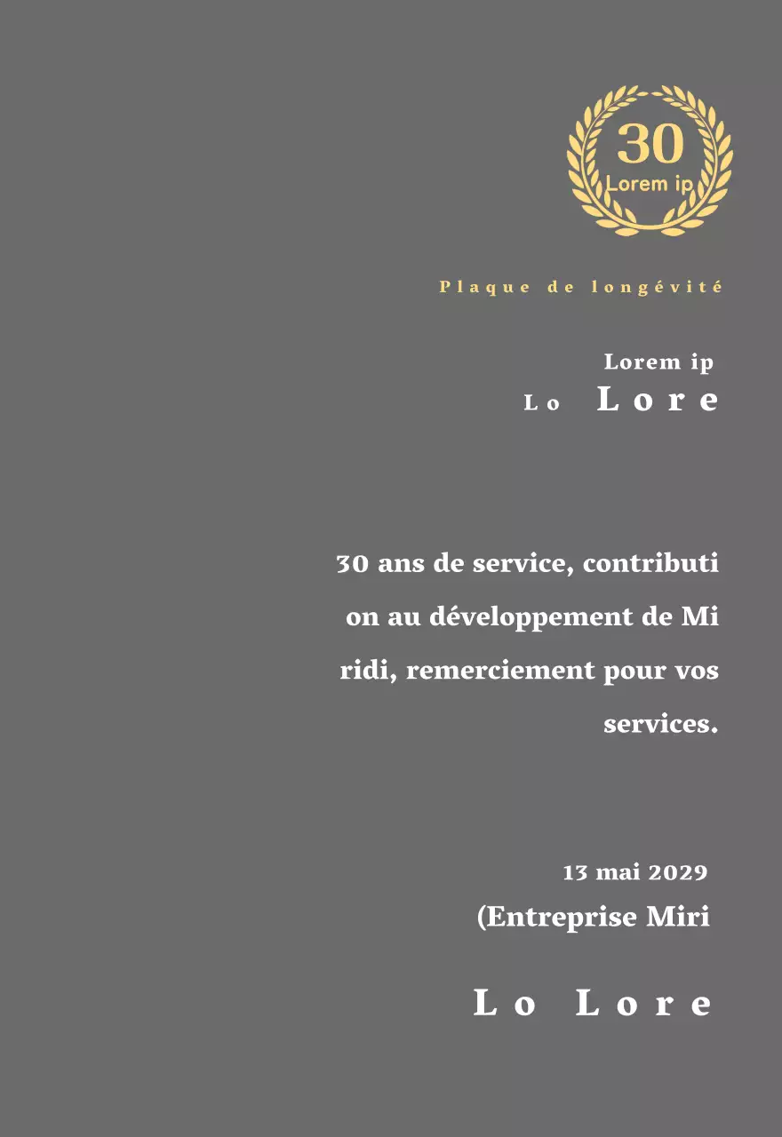 Plaque d'entreprise pour longs états de service avec symbole de laurier